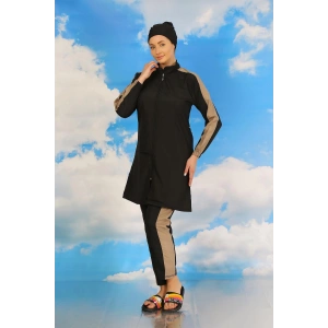 Moda Çizgi Kadın Pantolonlu Kolu Şeritli Tam Tesettür Mayo Siyah 31065