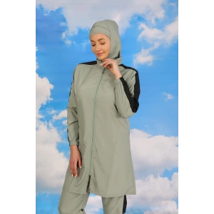 Moda Çizgi Kadın Pantolonlu Kolu Şeritli Tam Tesettür Mayo Su Yeşili 31065