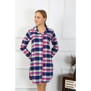 Moda Çizgi Kadın Penye Uzun Kol Düğmeli Lacivert Tunik Gecelik 13102