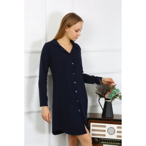 Moda Çizgi Kadın Penye Uzun Kol Düğmeli Lacivert Tunik Gecelik 13103