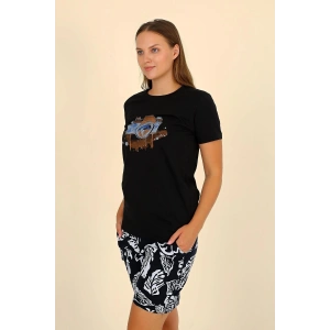 Moda Çizgi Kadın Şortlu Kısa Kol Penye Pijama Takım Siyah 3622