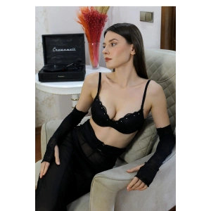 Moda Çizgi Kadın Taş Detaylı Sütyen Takım 3304 Siyah