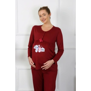 Moda Çizgi Kadın Uzun Kol Hamile Lohusa Pijama Takımı Bordo 45501