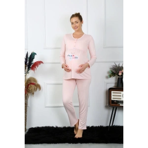 Moda Çizgi Kadın Uzun Kol Hamile Lohusa Pijama Takımı Pudra 45501
