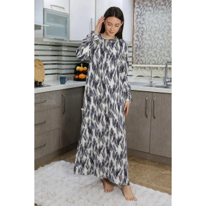 Moda Çizgi Kadın Uzun Kol Penye Gecelik Ev Elbisesi Mavi 25500