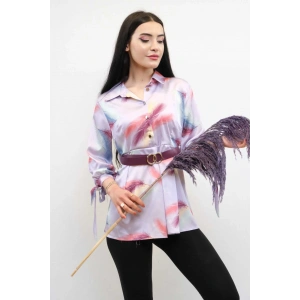Moda Çizgi Kemerli Gömlek Tunik Lila
