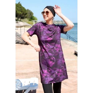 Moda Çizgi Kısa Kol Güllü Yarım Tesettür Mayo 33014