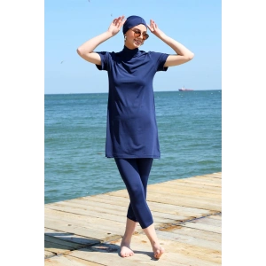 Moda Çizgi Kısa Kol Lacivert Yarım Tesettür Mayo 33015