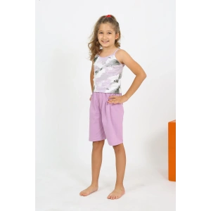Moda Çizgi Kız Çocuk İp Askılı Şortlu Penye Lila Pijama Takım 20430
