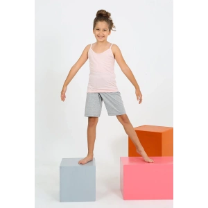 Moda Çizgi Kız Çocuk İp Askılı Şortlu Penye Pembe Pijama Takım 20430