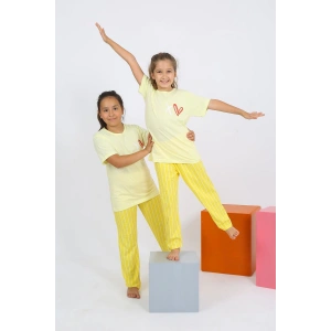 Moda Çizgi Kız Çocuk Kısa Kol Sarı Penye Pijama Takım 20432
