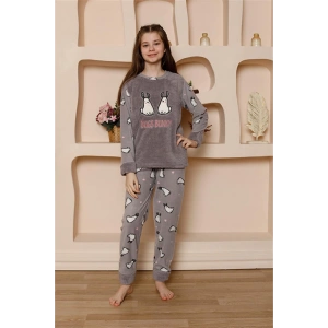 Moda Çizgi Kız Çocuk WelSoft Polar Gri Pijama Takımı 20524
