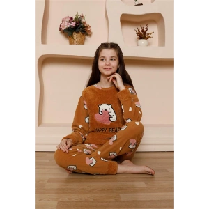 Moda Çizgi Kız Çocuk WelSoft Polar Sütlü Kahve Pijama Takımı 20523