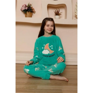 Moda Çizgi Kız Çocuk WelSoft Polar Yeşil Pijama Takımı 20526