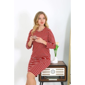 Moda Çizgi Pamuk Ev Elbisesi Tunik Gecelik Kırmızı 13132