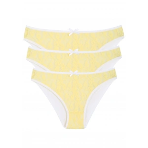 Moda Çizgi Pamuklu Dantelli 3lü Külot Sarı 40258