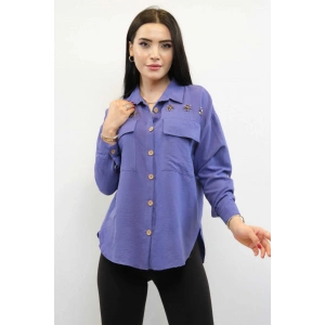 Moda Çizgi Pamuklu Keten Gömlek Mor