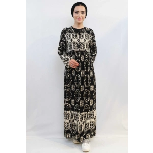 Moda Çizgi Papatya Desen Elbise Siyah