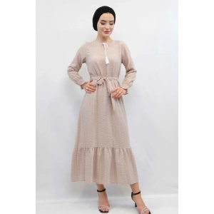 Moda Çizgi Pıt Pıt Elbise Bej