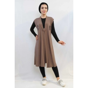 Moda Çizgi Pullu Nakış İşlemeli Yelek Mc724 Bej