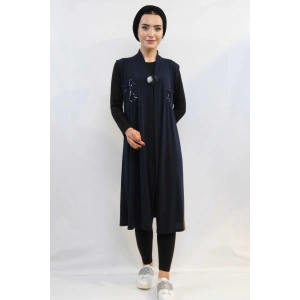 Moda Çizgi Pullu Nakış İşlemeli Yelek Mc724 Lacivert