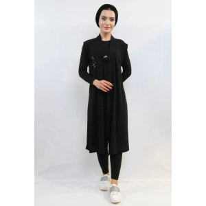 Moda Çizgi Pullu Nakış İşlemeli Yelek Mc724 Siyah