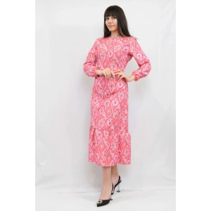 Moda Çizgi Şal Desen Elbise Fuşya