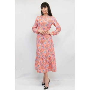 Moda Çizgi Şal Desen Elbise Turuncu