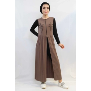 Moda Çizgi Taş işlemeli Piliseli Yelek Vizon MC727