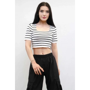 Moda Çizgi Triko Crop Çizgili  Beyaz