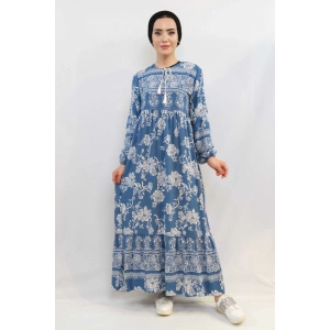 Moda Çizgi Vintage Desen Elbise Mavi