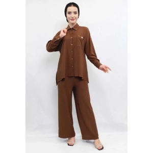 Moda Çizgi Zincir Aksesuarlı İkili Takım  Kahve