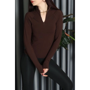 Modal Kumaş Fermuarlı Bluz Kahve - 71792.444.