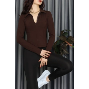 Modal Kumaş Polo Yaka Bluz Kahve - 71793.444.