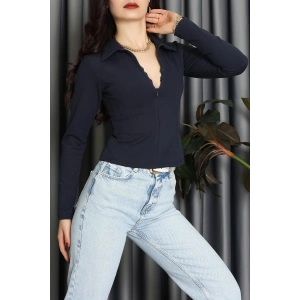 Modal Kumaş Polo Yaka Bluz Lacivert - 71793.444.