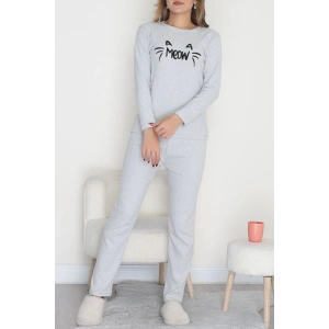 Nakışlı İnterlok Pijama Takımı Gri meow - 800.1287.