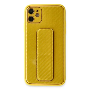 Newface iPhone 12 Kılıf Coco Karbon Standlı Kapak - Sarı