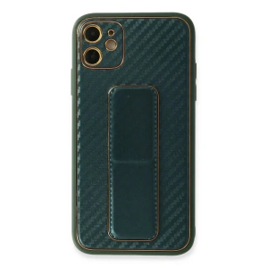 Newface iPhone 12 Kılıf Coco Karbon Standlı Kapak - Yeşil