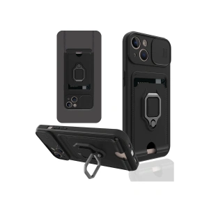 Newface iPhone 15 Kılıf Zuma Kartvizitli Yüzüklü Silikon - Siyah