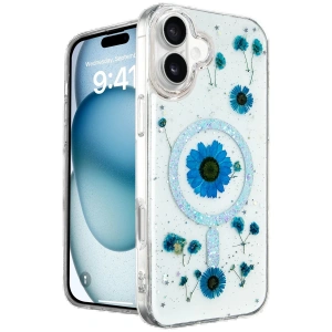 Newface iPhone 16 Kılıf Daisy Simli Magsafe Kapak - Mavi