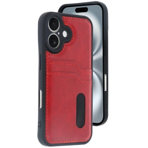 Newface iPhone 16 Kılıf Sara Kartvizitli Deri Kılıf - Kırmızı