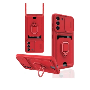 Newface Samsung Galaxy S21 FE Kılıf Zuma Kartvizitli Yüzüklü Silikon - Kırmızı