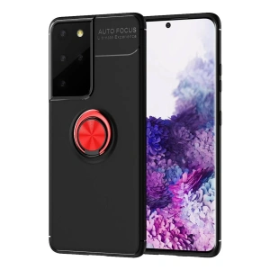Newface Samsung Galaxy S21 Ultra Kılıf Range Yüzüklü Silikon - Siyah-Kırmızı