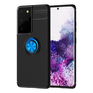 Newface Samsung Galaxy S21 Ultra Kılıf Range Yüzüklü Silikon - Siyah-Mavi
