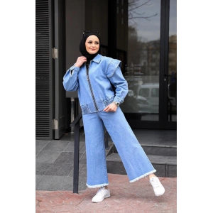 Omuz Detaylı  Kot Ceket Açık Mavi