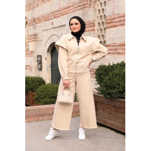 Omuz Detaylı  Kot Ceket Bej