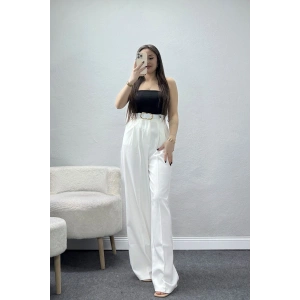 Önden Pileli Dabıl Kumaş Kemerli Pantolon Ekru - 71206.1920.