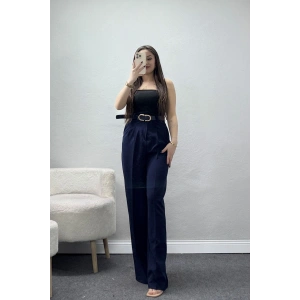 Önden Pileli Dabıl Kumaş Kemerli Pantolon Lacivert - 71206.1920.