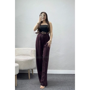 Önden Pileli Dabıl Kumaş Kemerli Pantolon Mürdüm - 71206.1920.