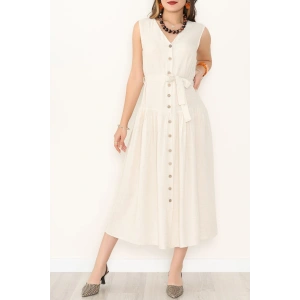 Önü Düğmeli Uzun Keten Elbise Taş - 31211.1779.